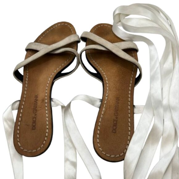 Dolce & Gabbana Women's Satin & Suede Lace-Up Ivory Sandals Size 7 (EU 37) - Picture 4 of 7
